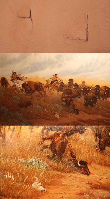 Acrylic painting of Native American hunting scene, signed Marchand; painting restoration process